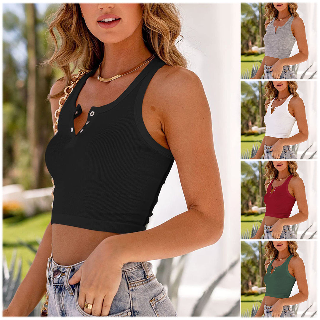 Damen Kurzarm Tanktop mit Knopfdetails und Rippstruktur Echo Archiv