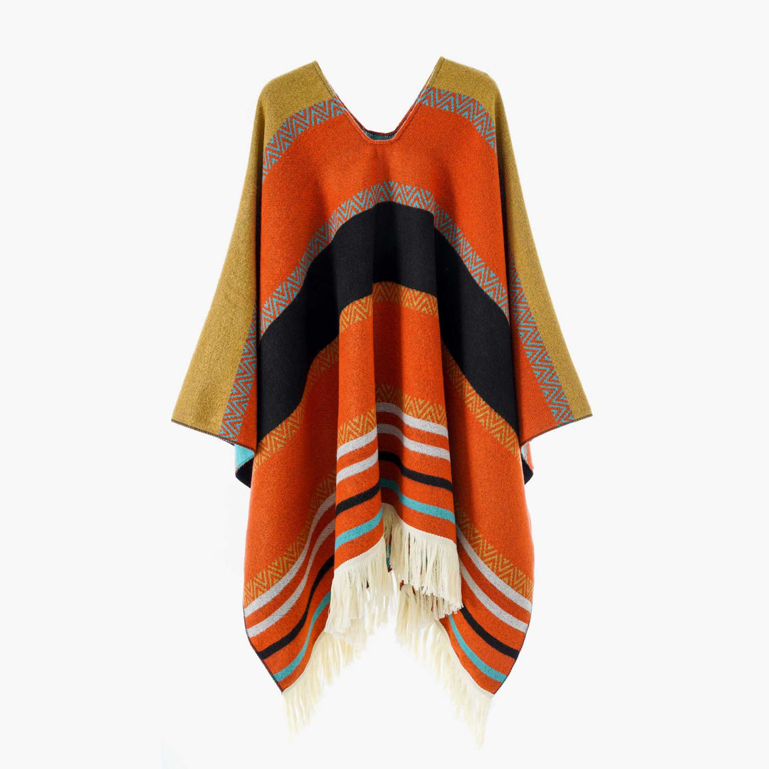 Damen Oversize Poncho-Cape mit V-Ausschnitt und Fransensaum – Avérine