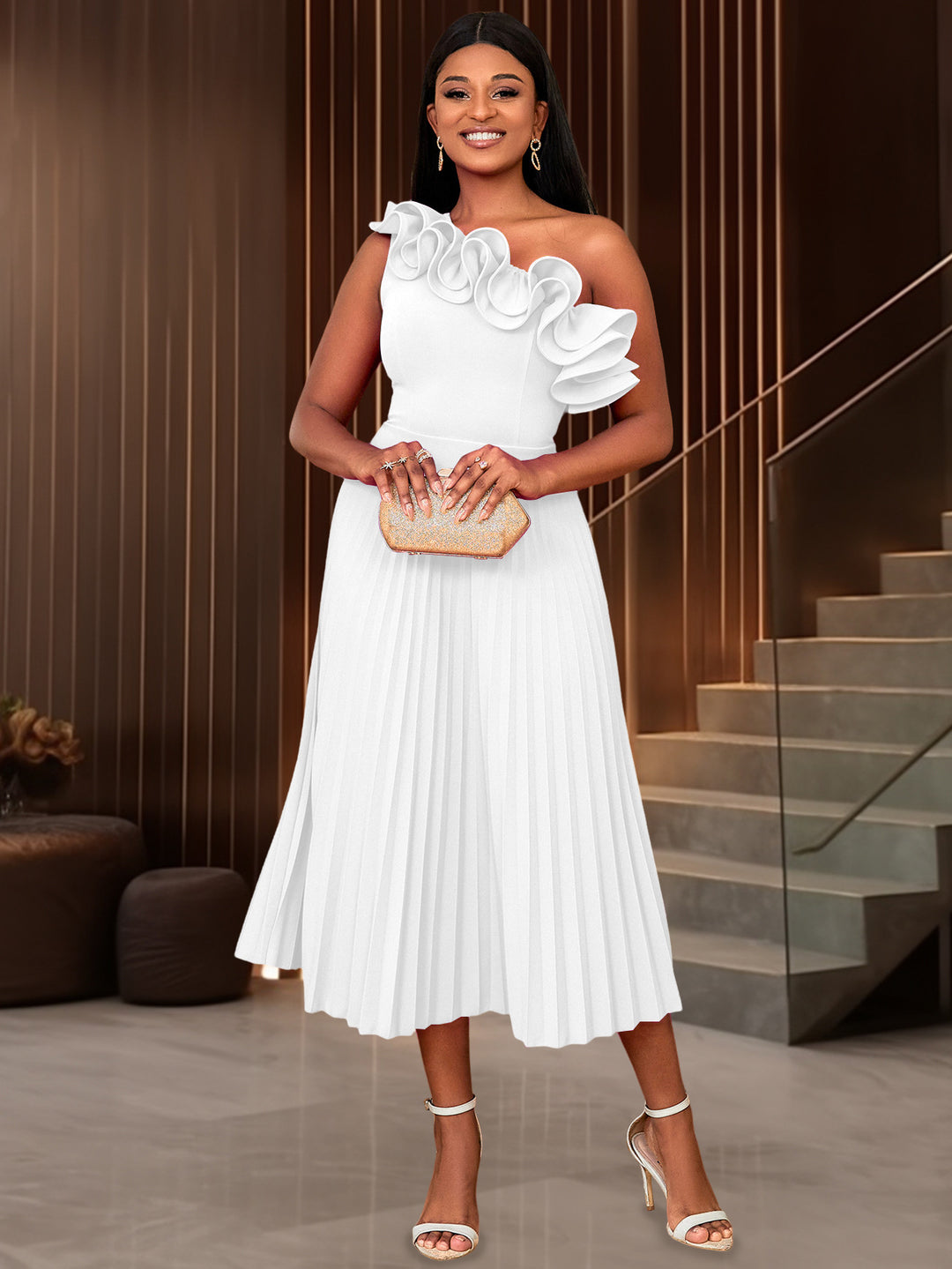 Damen Faltendes Maxikleid mit asymmetrischem Ausschnitt und Rüschen Echo Archiv
