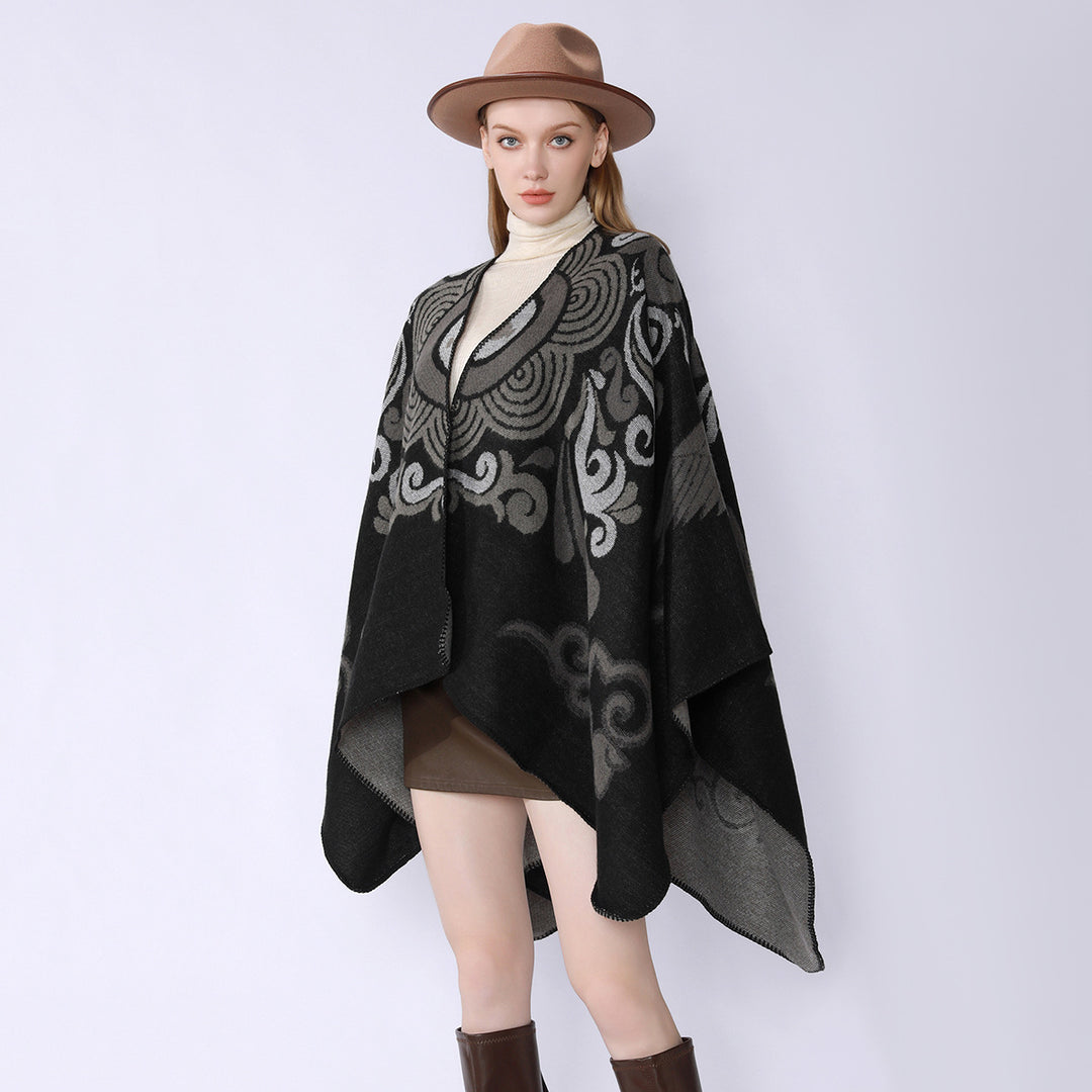 Damen Wollmix-Cape mit ornamentalem Jacquard, asymmetrischem Zipfel und weichfallendem Oversize-Fall Echo Archiv
