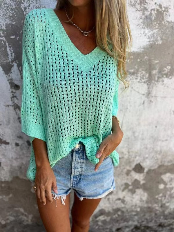 Damen nan luftig gestrickter V-Ausschnitt Pullover im Oversize-Schnitt Echo Archiv