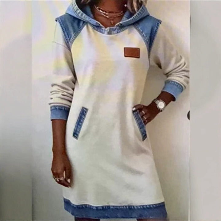 Damen nan Kapuzen-Sweatkleid mit Jeans-Applikationen, Kängurutaschen und lässigem Schnitt Echo Archiv