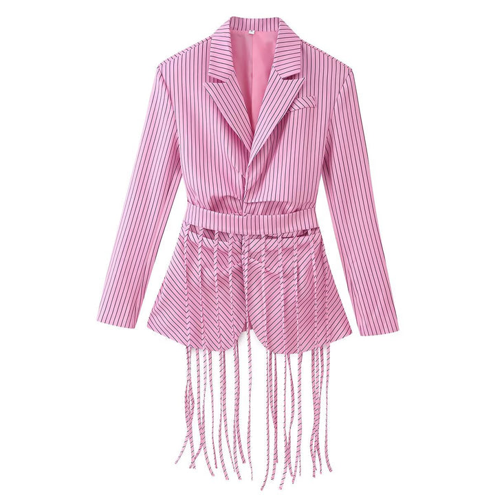Damen 20+ taillierter Blazer mit Fransen-Detail und Nadelstreifen Echo Archiv