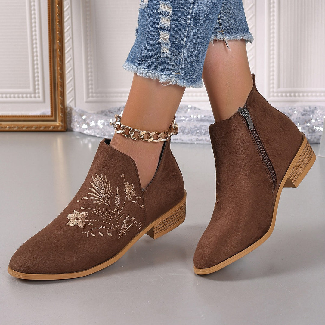 Damen Gestickte Ankle-Boots mit V-Cut und seitlichem Reißverschluss Echoarchiv