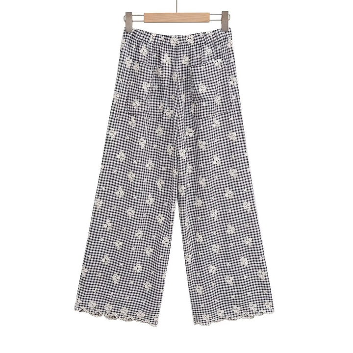 Damen weite Karottenhose mit floralem Gingham-Muster und eleganter Kantenverzierung Echo Archiv