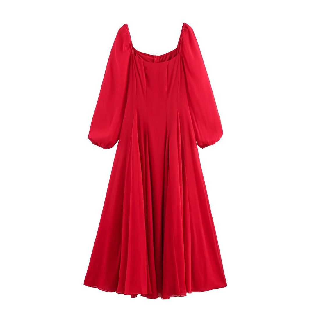 Damen langes Abendkleid mit ausgestelltem Rock, voluminösen Ballonärmeln und quadratischem Ausschnitt – Valéora