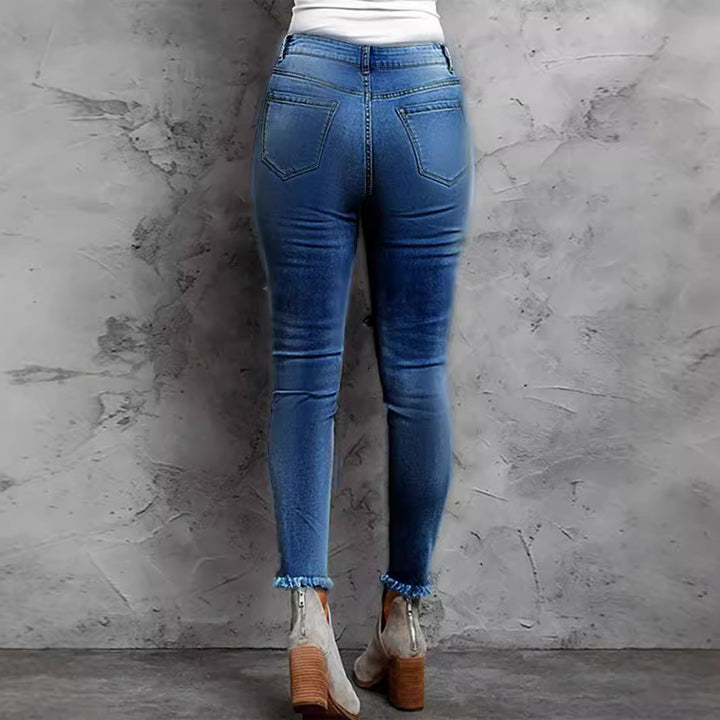 Damen Stretch-Skinny-Jeans mit High-Waist, Knie-Ripped-Details und Leo-Unterlage Echo Archiv