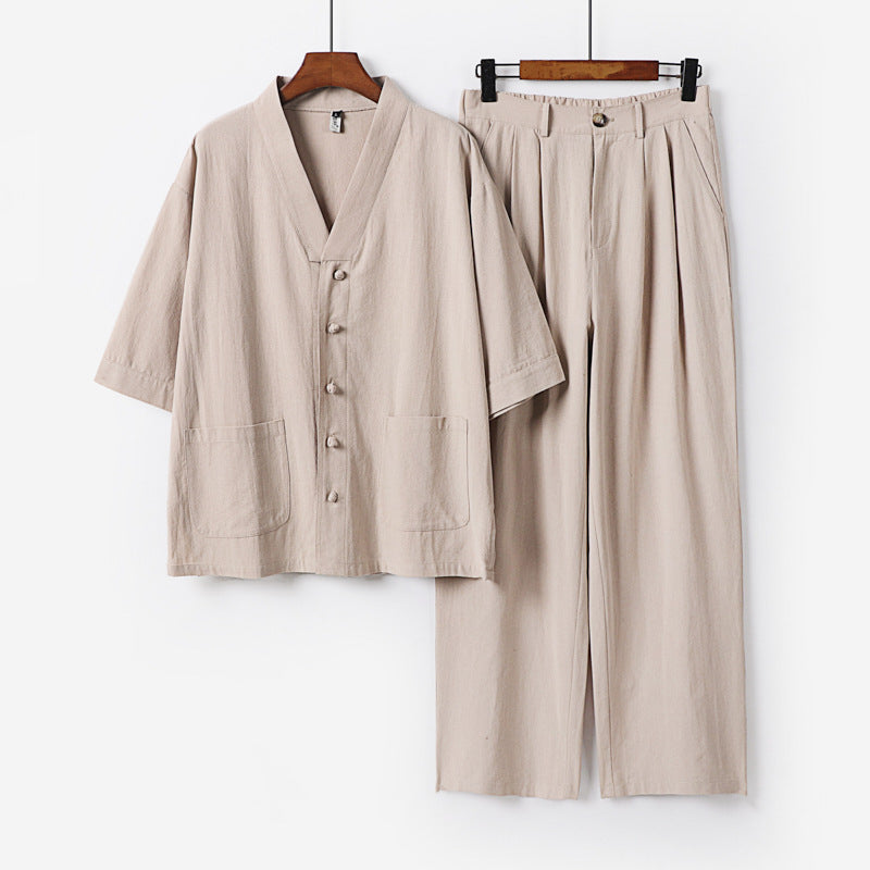 Unisex Zen-inspiriertes Relax-Set mit Kurzarm-Kimono-Oberteil, verdeckter Knopfleiste und elastischer Bundhose Echoarchiv