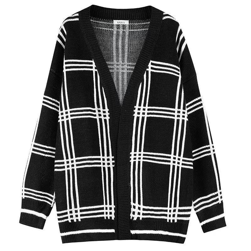 Herren Oversized Strickcardigan mit Karomuster und offener Front Echoarchiv