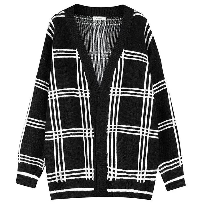 Herren Oversized Strickcardigan mit Karomuster und offener Front Echoarchiv