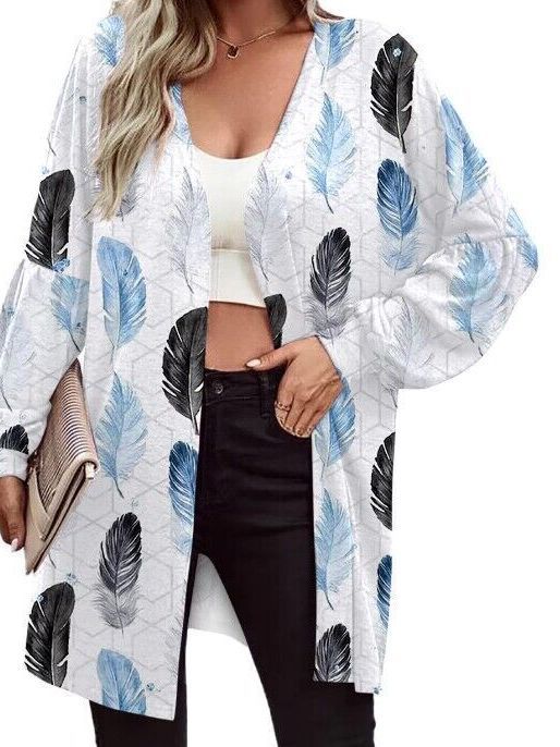 Damen Leichter Offener Longcardigan mit Federmotiv und Oversize-Ärmeln – Veloura