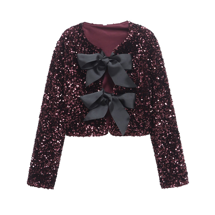 Damen Pailletten-Bolerojacke mit doppelschleifen-Verschluss, gefütterter Innenlage und tailliertem Cropped-Schnitt – Célinea