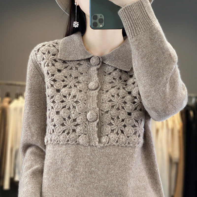 Damen Strickpullover mit gehäkelter Ajour‑Blende und Polokragen Echoarchiv