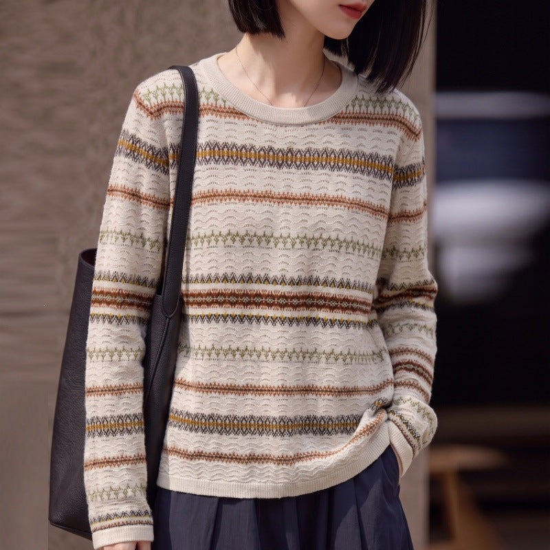 Damen Leichter Fair‑Isle Feinstrickpullover mit Rundhalsausschnitt und feiner Streifenstruktur Echoarchiv
