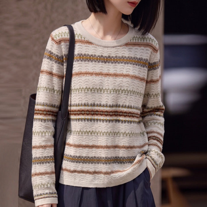 Damen Leichter Fair‑Isle Feinstrickpullover mit Rundhalsausschnitt und feiner Streifenstruktur Echoarchiv