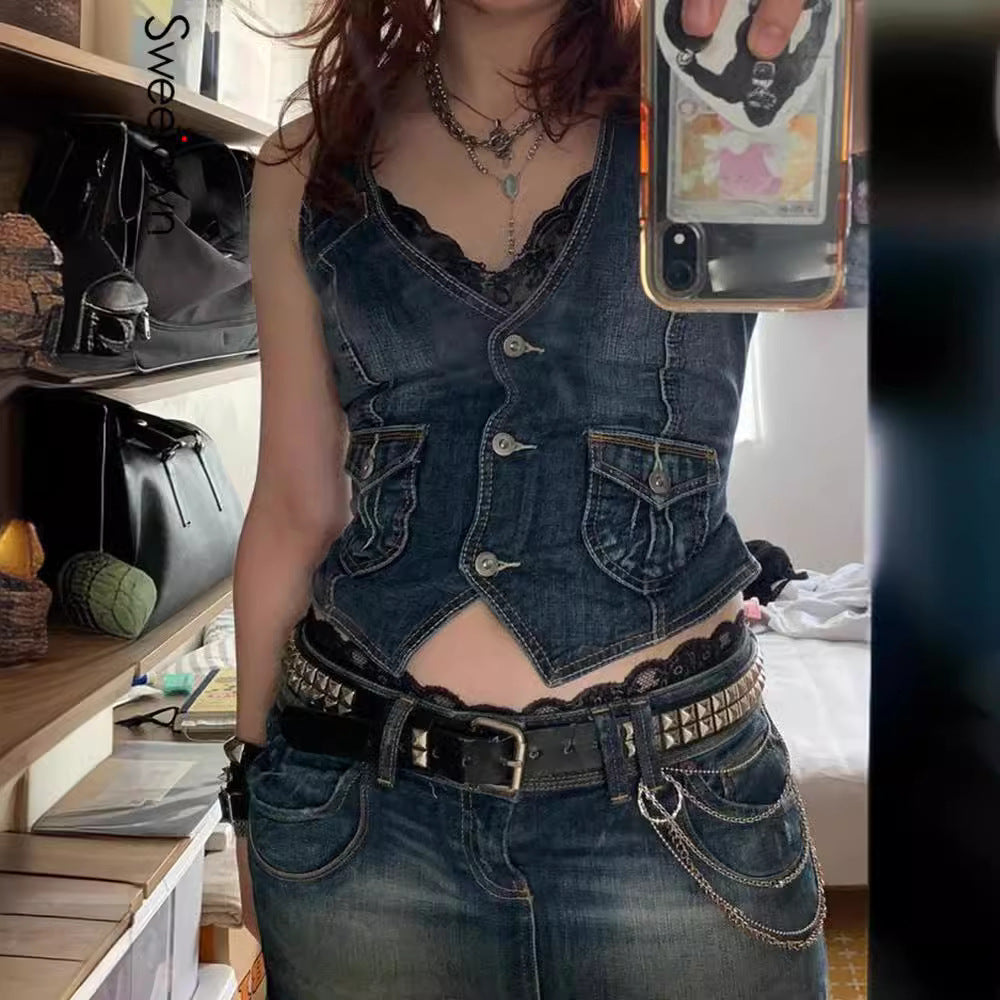Damen Denim-Bustierjacke mit nostalgischem Spitzeneinsatz und dekorativen Knopfdetails Echo Archiv