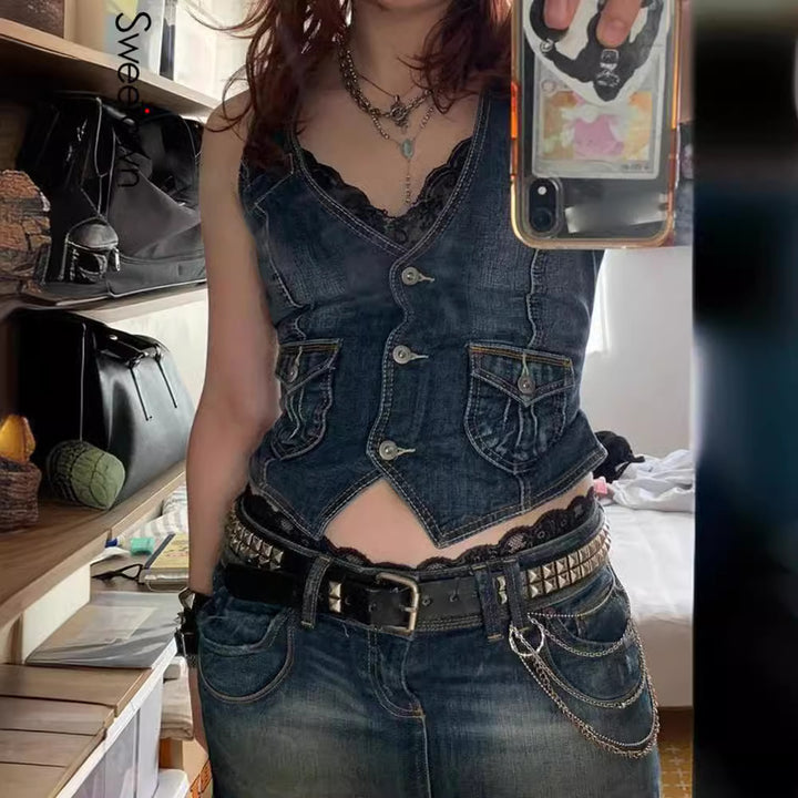 Damen Denim-Bustierjacke mit nostalgischem Spitzeneinsatz und dekorativen Knopfdetails Echo Archiv