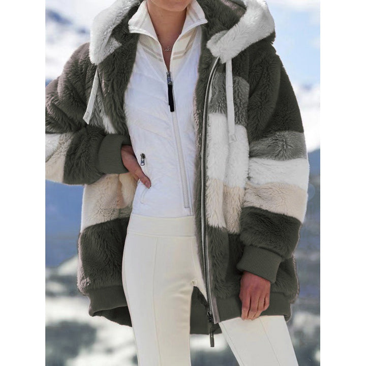 Damen Gestreifte Oversize-Teddyjacke mit Kapuze, Reißverschluss und Rippbündchen Echo Archiv
