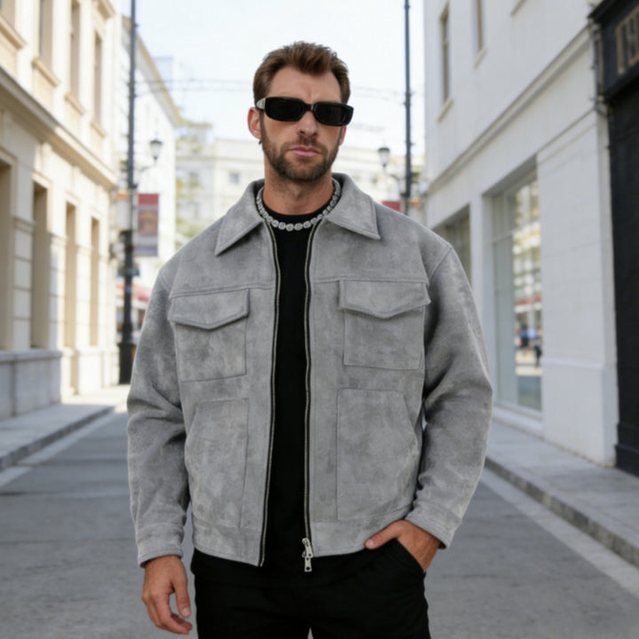 Herren nan oversized Velourslederjacke mit Reißverschluss, Hemdkragen und aufgesetzten Pattentaschen Echo Archiv