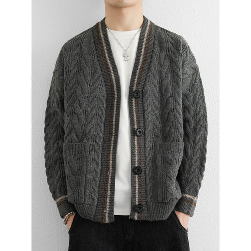 Herren Grober Zopfstrick-Cardigan mit aufgesetzten Taschen und Kontraststreifen Echoarchiv