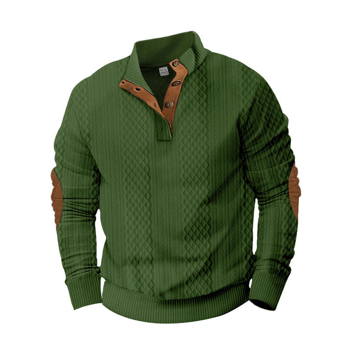Herren Strickpullover mit innovativem Stehkragen und modernen Lederapplikationen Echoarchiv