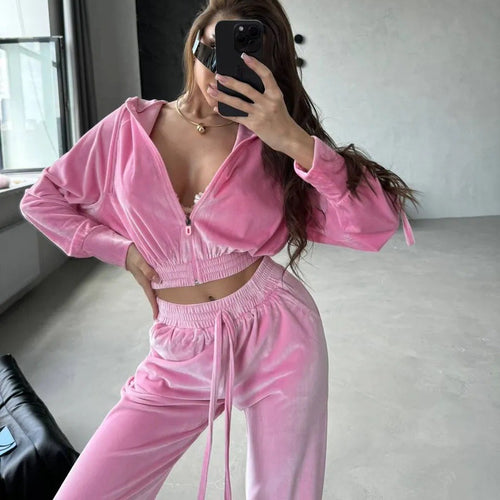Damen luxuriöser Samt Zweiteiler Jogginganzug mit Cropped Reißverschluss und weiten Hosen – Auréline