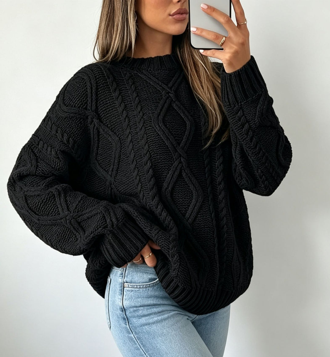 Damen Oversize Flechtstrick-Pullover mit Zopfmuster und Rundhals – Mavelle
