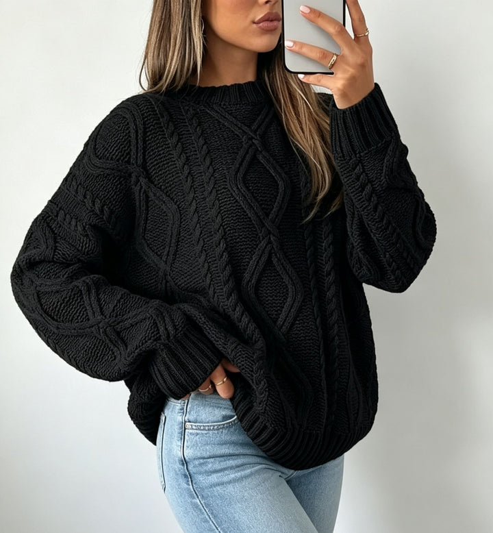 Damen Oversize Flechtstrick-Pullover mit Zopfmuster und Rundhals – Mavelle