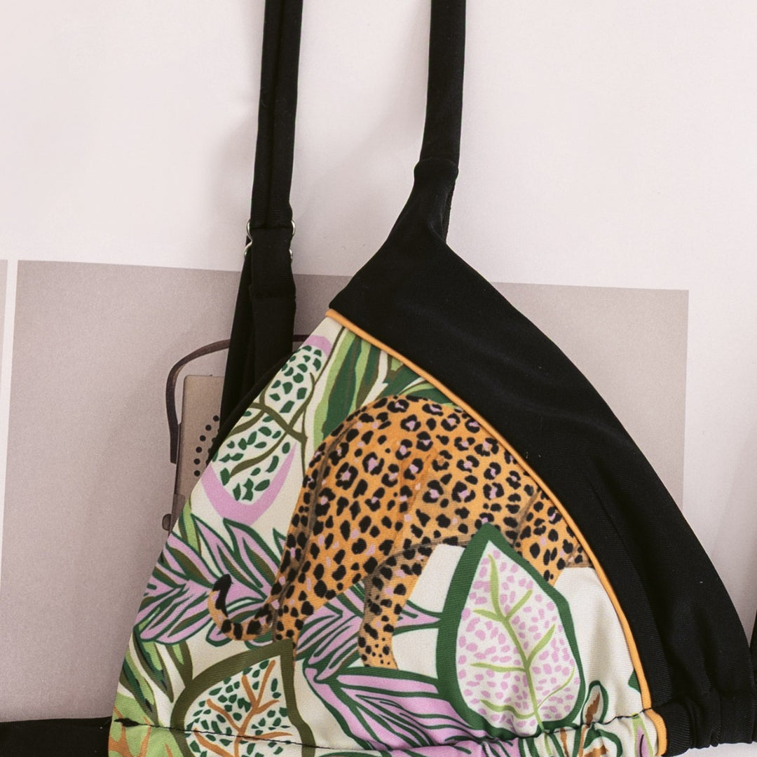 Damen Triangel-Bikini mit tropischem Muster und kontrastierenden Schwarzdetails Echo Archiv