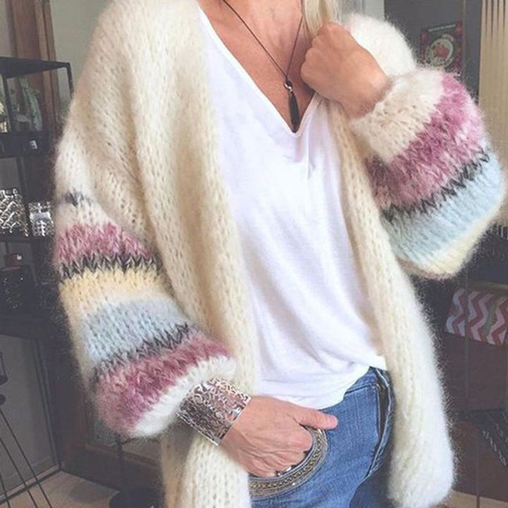 Damen Oversized Strickcardigan mit Ballonärmeln und Streifendetail Drune