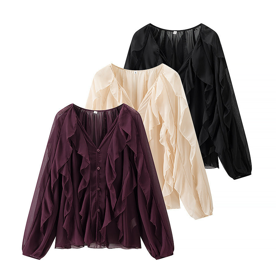 Damen Voluminöse Chiffonbluse mit mehrlagigen Volants und Knopfverschluss Echo Archiv