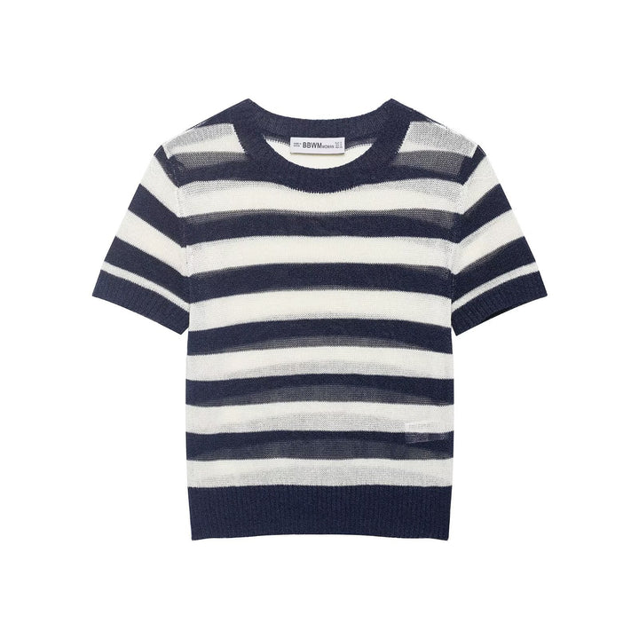 Damen lässiges Kurzarmshirt mit maritimem Streifenmuster und feiner Strickstruktur Echo Archiv