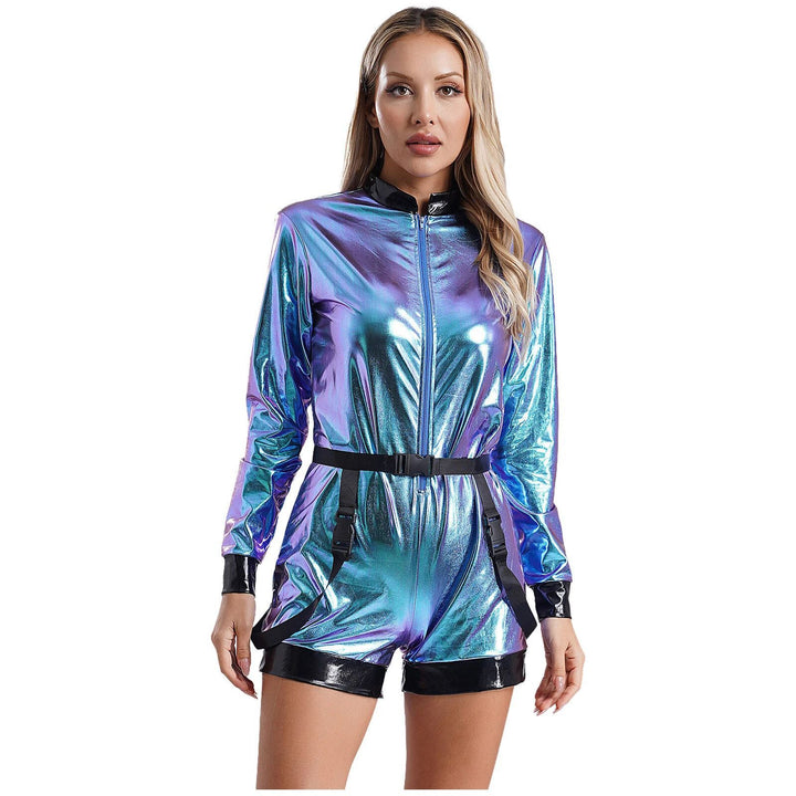 Damen Futuristischer Glanz-Jumpsuit mit Reißverschluss und abnehmbarem Gürtel Echo Archiv