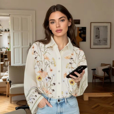 Damen nan weite Leinenhose mit hohem Bund, Palazzoschnitt und floraler Aquarell-Print Echo Archiv