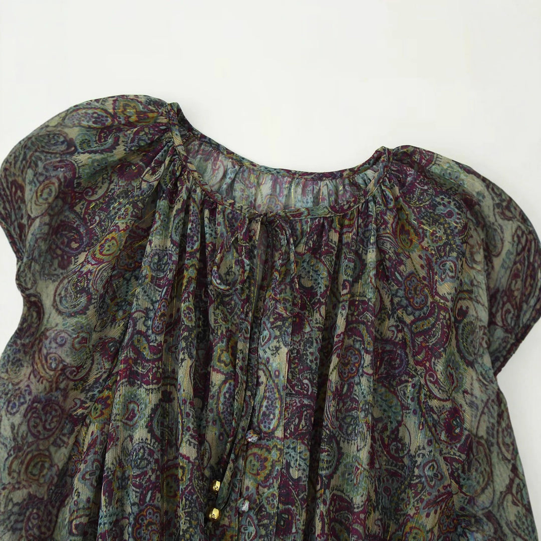 Damen gerafftes Paisley-Minikleid mit Smok-Taille, Volantstufen und Ballonärmeln – Élara
