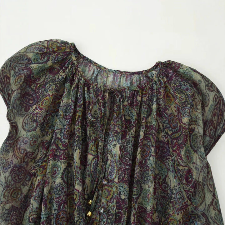 Damen gerafftes Paisley-Minikleid mit Smok-Taille, Volantstufen und Ballonärmeln – Élara