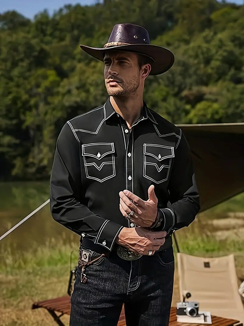 Herren Westernhemd mit kontrastierenden Nähten und Brusttaschen Echoarchiv