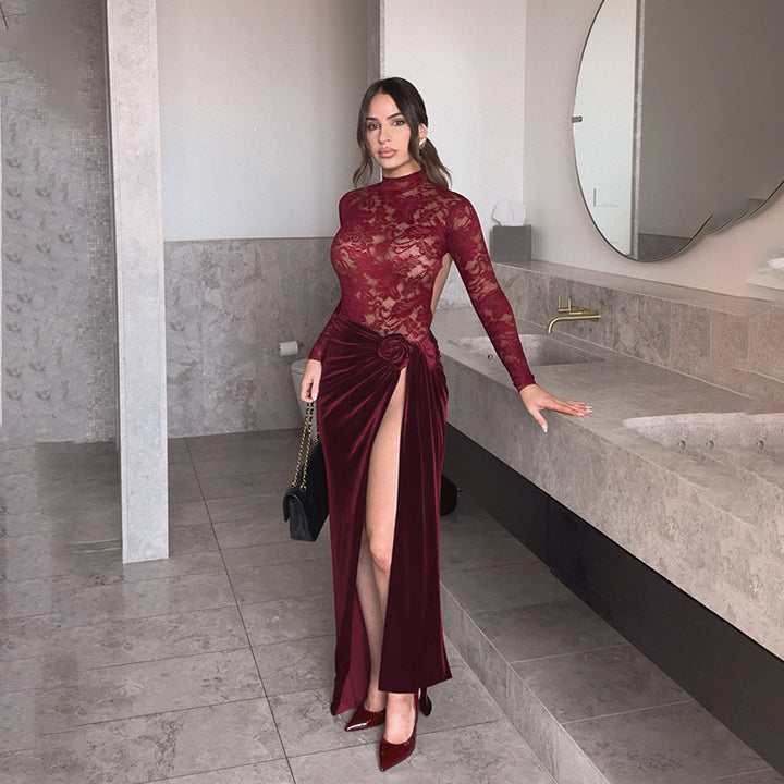 Damen Elegantes Maxi-Kleid mit Spitze und raffiniertem Taillengürtel Echo Archiv