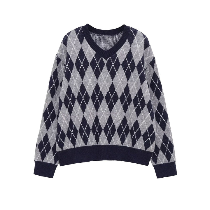 Damen Argyle V-Ausschnitt Strickpullover mit Rautenmuster Echo Archiv