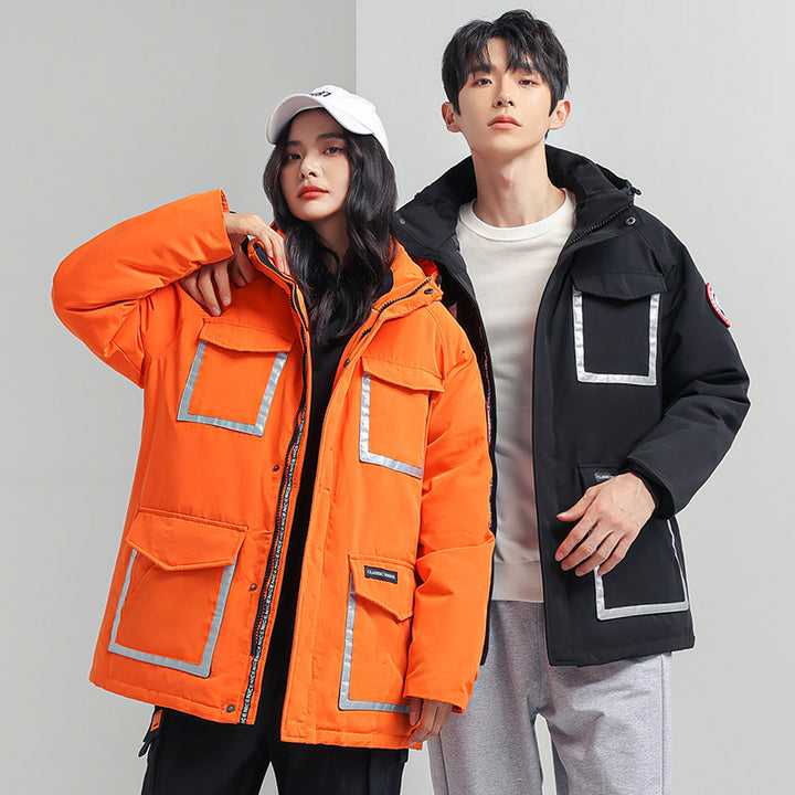 Damen Parka-Jacke mit Kapuze, wattiert, reflektierenden Einsätzen und großen Cargo-Taschen Echoarchiv