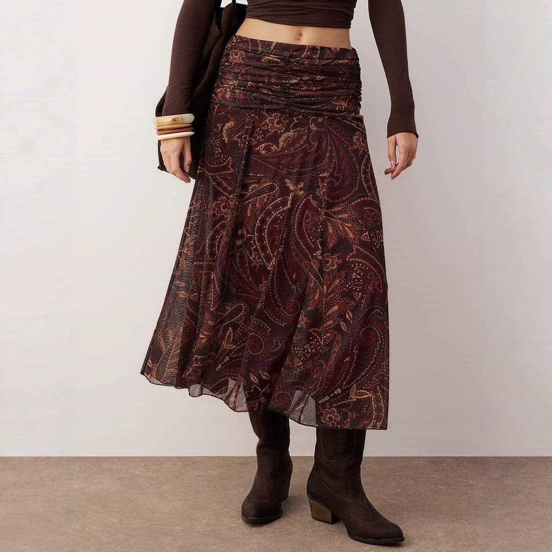 Damen Midirock im Boho‑Stil mit gerafftem Hüftbund und Paisley‑Print – Avérine