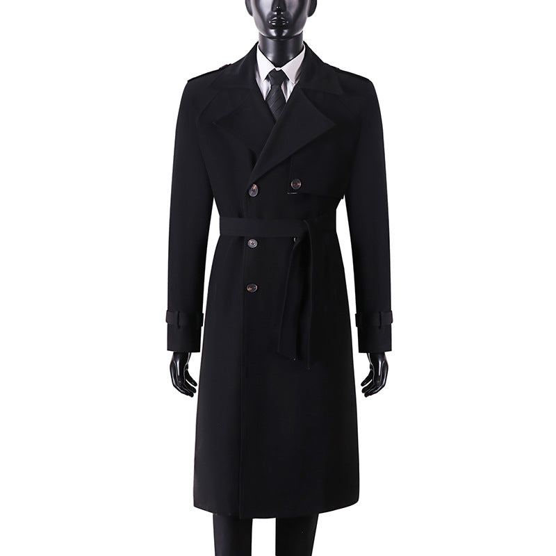 Herren Langer Minimalistischer Trenchcoat mit Sturmklappe Taillengürtel und verstellbaren Manschetten Echoarchiv