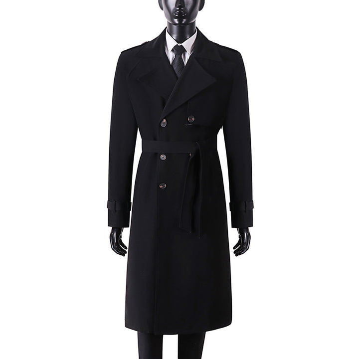 Herren Langer Minimalistischer Trenchcoat mit Sturmklappe Taillengürtel und verstellbaren Manschetten Echoarchiv