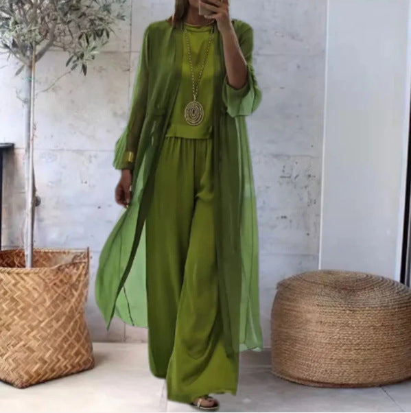 Damen nan eleganter Chiffon-Zweiteiler mit weiter geschnittener Palazzohose und langem Kimono-Überwurf Echo Archiv