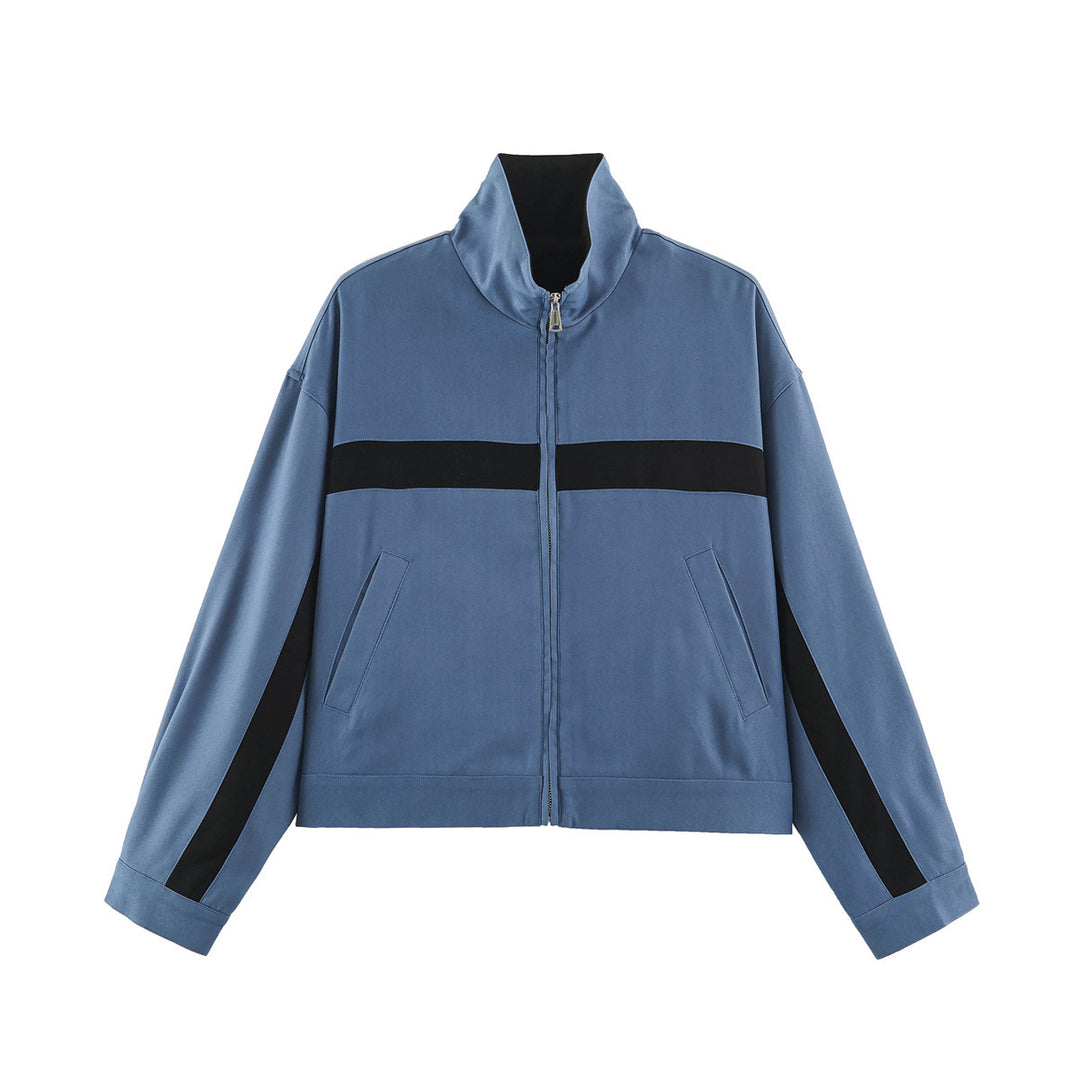 Damen Boxy-Cropped-Übergangsjacke mit Stehkragen, kontraststreifen und Eingrifftaschen Echoarchiv