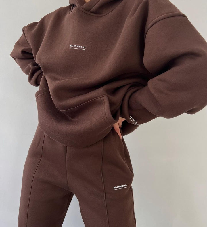 Damen Set Schwere French‑Terry Oversize‑Kapuzenpullover mit Kängurutasche und Slim‑Jogginghose Echoarchiv