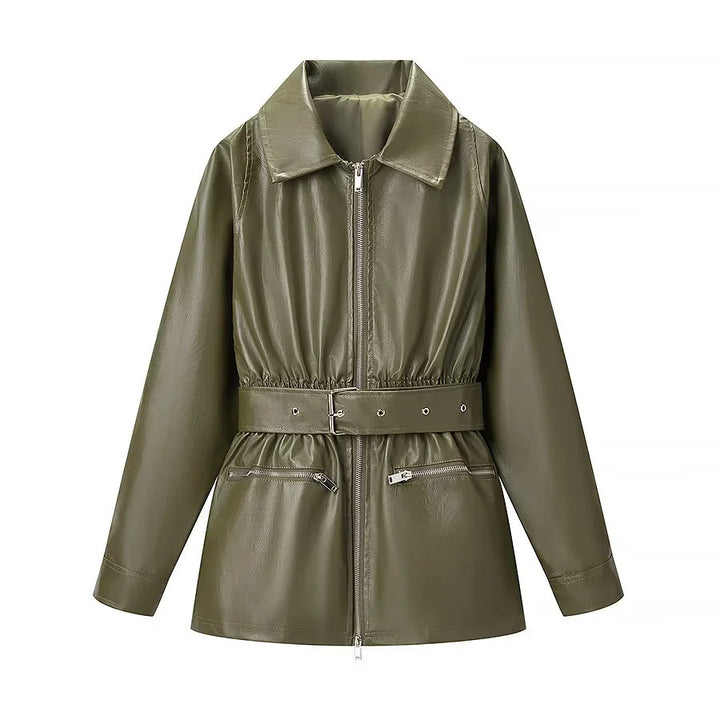 Damen taillierte Kunstleder-Fieldjacke mit Bindegürtel, durchgehendem Metallreißverschluss und zwei Reißverschlusstaschen – Célinea