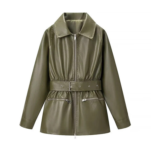 Damen taillierte Kunstleder-Fieldjacke mit Bindegürtel, durchgehendem Metallreißverschluss und zwei Reißverschlusstaschen – Célinea