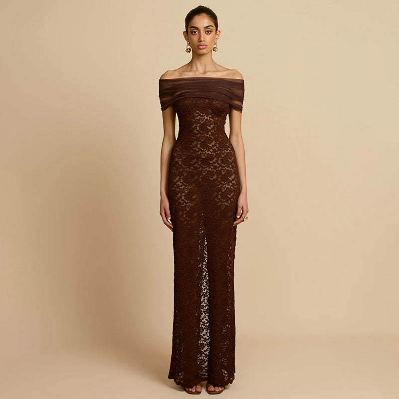Damen Spitzen-Maxikleid mit schulterfreiem Design und elegantem Drapierungseffekt Echo Archiv