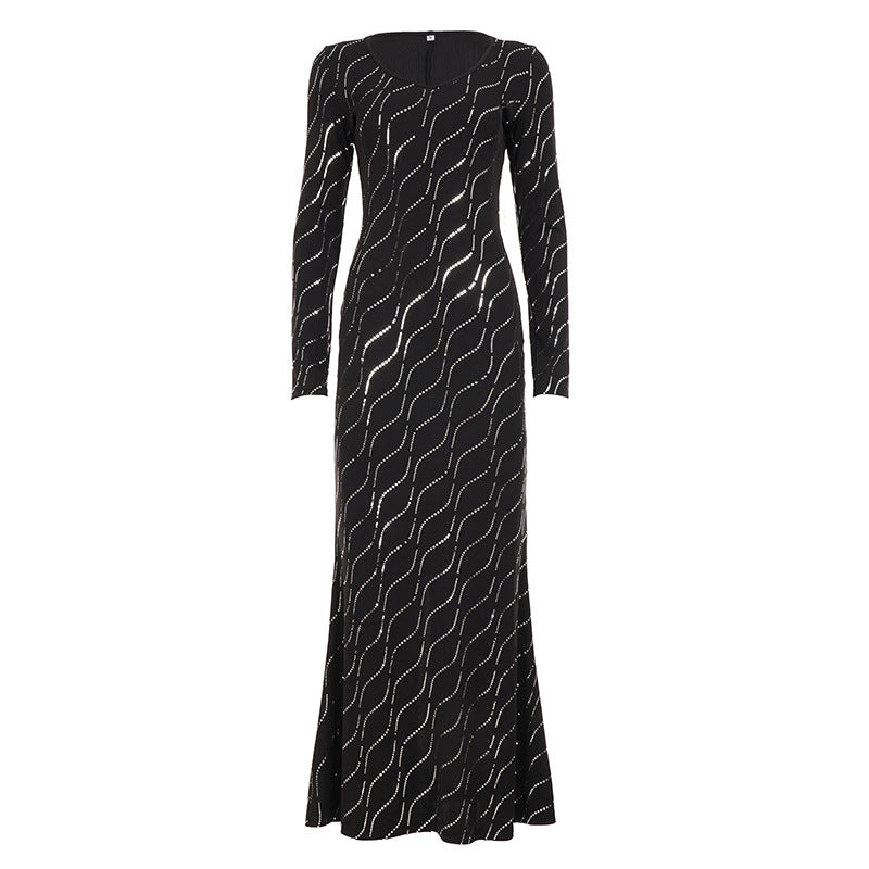 Damen nan langärmeliges Bodycon-Mermaid-Abendkleid mit Wellen-Strassbesatz Echo Archiv